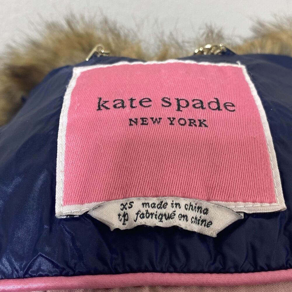 Kate Spade Coat Womens XS Faux Fur-trim Down Puffer Winter Warm Jacket In Navy - Picture 7 of 12
